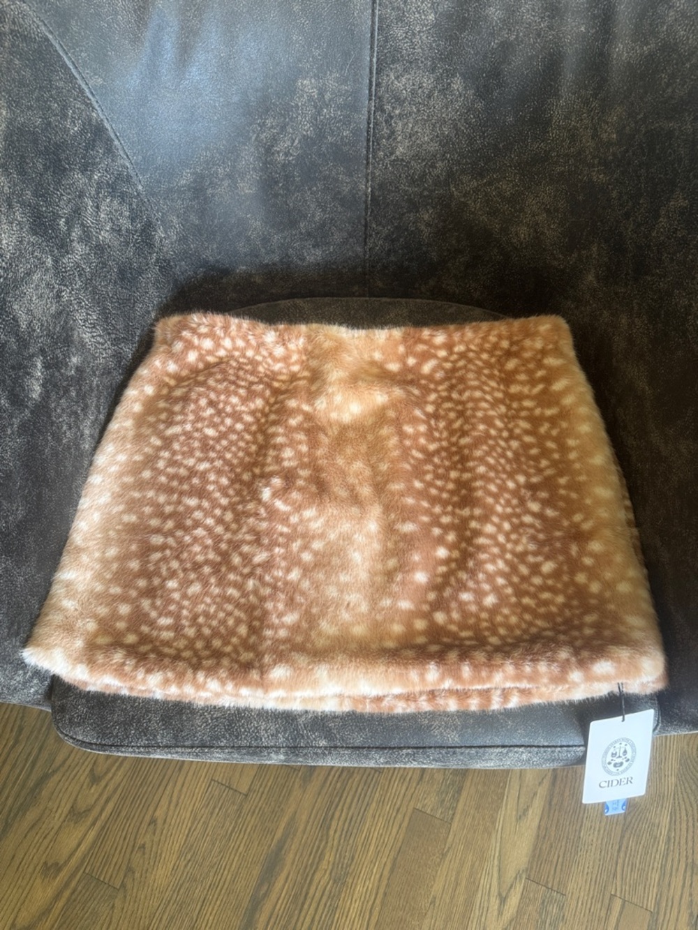 Cider Plush Spotted Faux-Fur Deer/ Fawn Mini Skirt in Light Brown and Cream